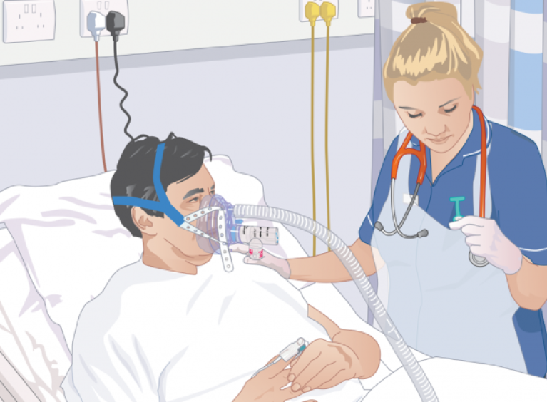 Illustration of a nurse caring for a patient in a hospital bed
