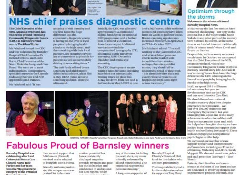 Front page of Barnsley Hospital news December 2023