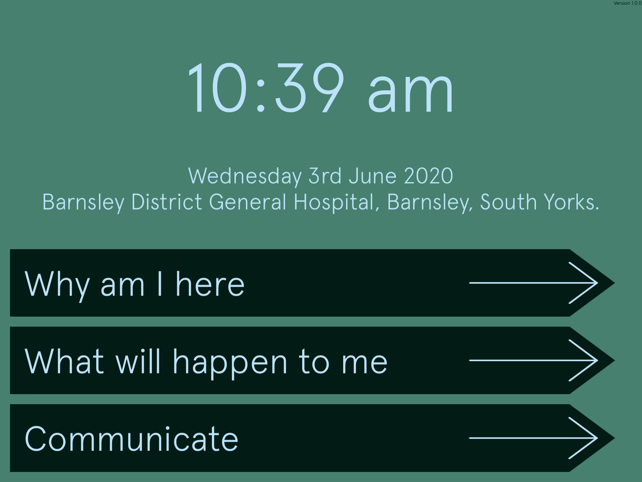 ICU app home screen, showing a screen with text of 'why am I here', 'what will happen to me' and 'communicate'.