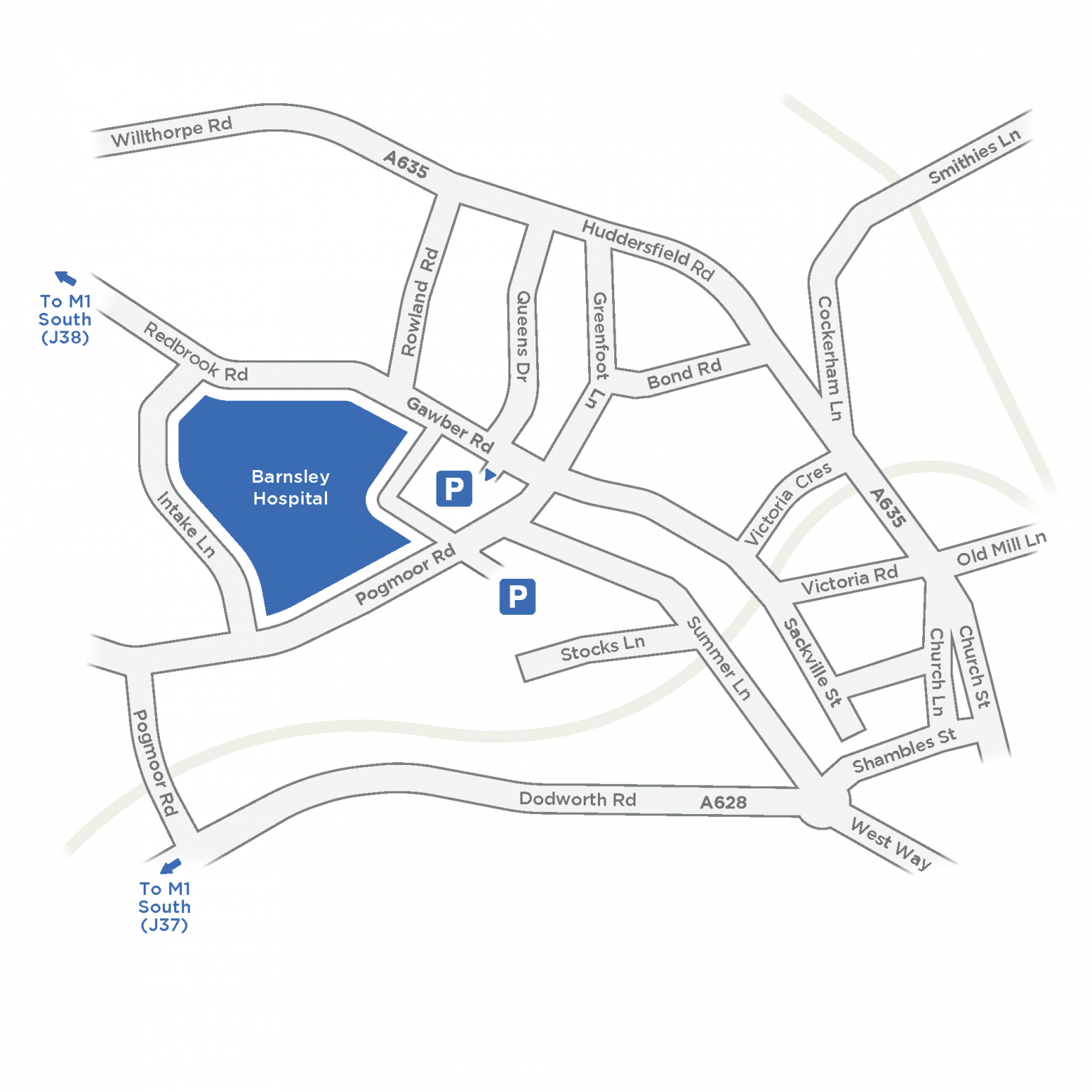 A map showing how Barnsley Hospital comes off the M1 motorway