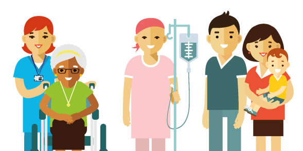 Illustration of hospital patients and staff