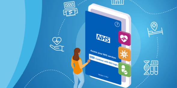 A graphic showing a person using the NHS app