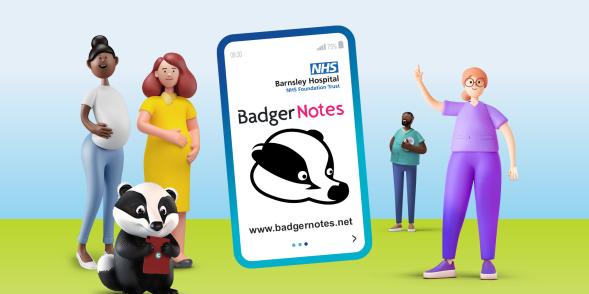 Illustrated characters stand by an oversized smartphone showing the BadgerNotes app