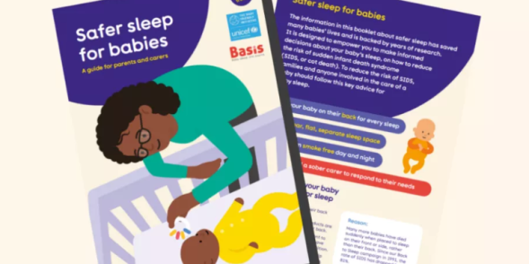 Illustration of the Lullaby Trust "Safer Sleep for Babies" leaflet