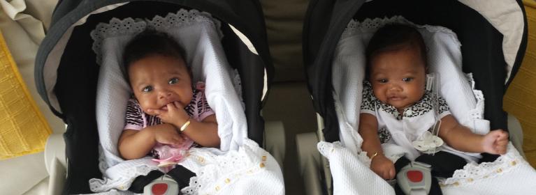 Twin babies in carry chairs