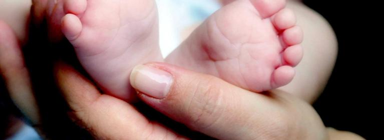 A baby's feet held in an adult's hands