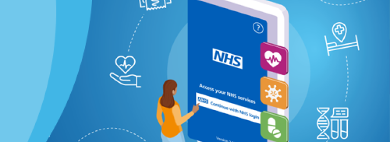 A graphic showing a person using the NHS app