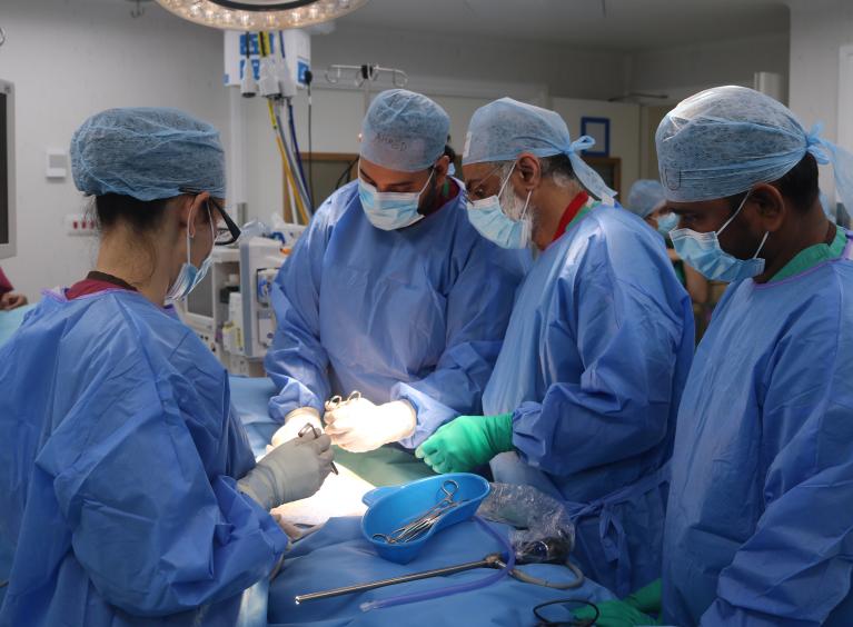 A team performs surgery