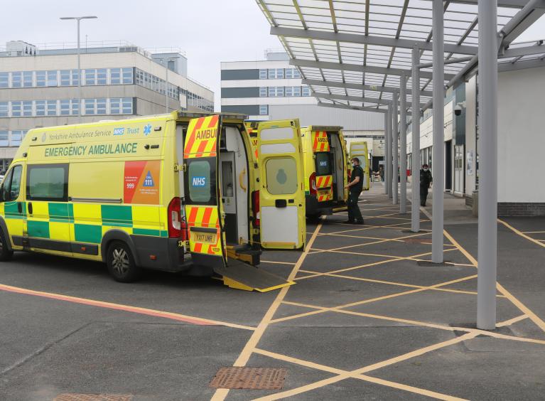 Two ambulances parked outside Barnsley Hospital 