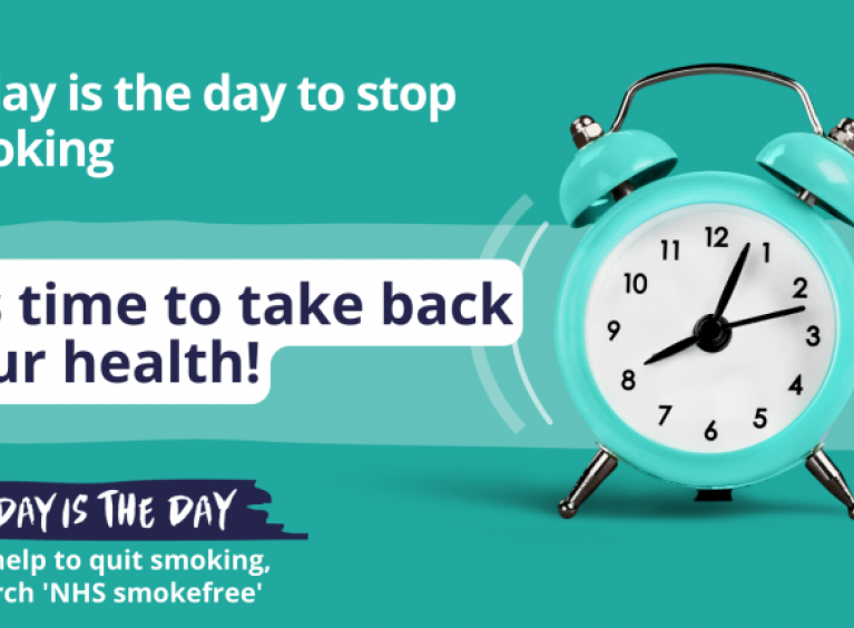 A graphic that reads "today is the day to stop smoking - it's time to take back your health!" The graphic is teal with an image of an alarm clock.