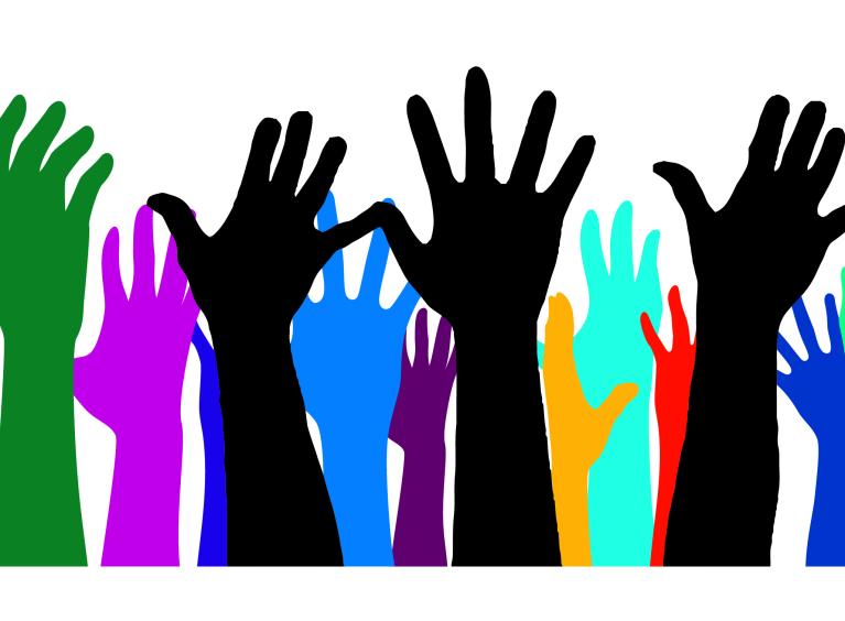 Graphic showing multiple raised hands