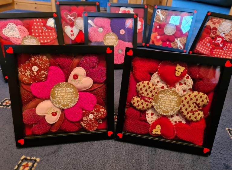 Knitted hearts presented in a selection of frames