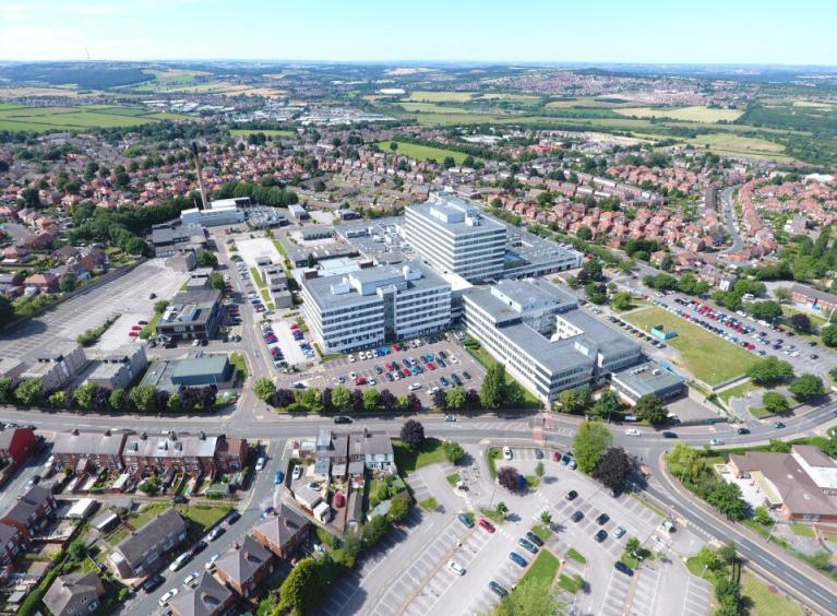 Aerial view photograph of the Barnsley Hospital site