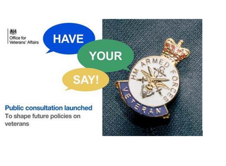 Picture of Armed Forces Veteran badge with text saying have your say 