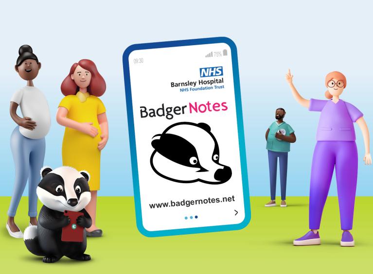 Illustrated characters stand by an oversized smartphone showing the BadgerNotes app