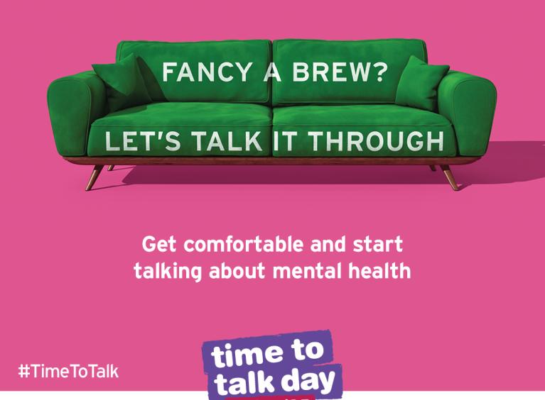 Green settee on pink background with caption 'Fancy A Brew? Let's Talk it Through.'