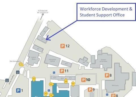 A map indicating the location of the student support team on the hospital site