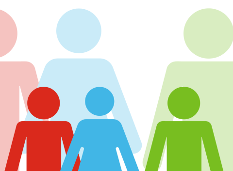 Symbols representing humans in primary colours