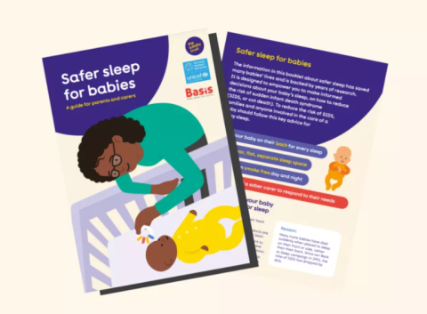 Illustration of the Lullaby Trust "Safer Sleep for Babies" leaflet