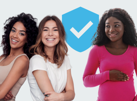 Pregnant women with a blue shield with tick