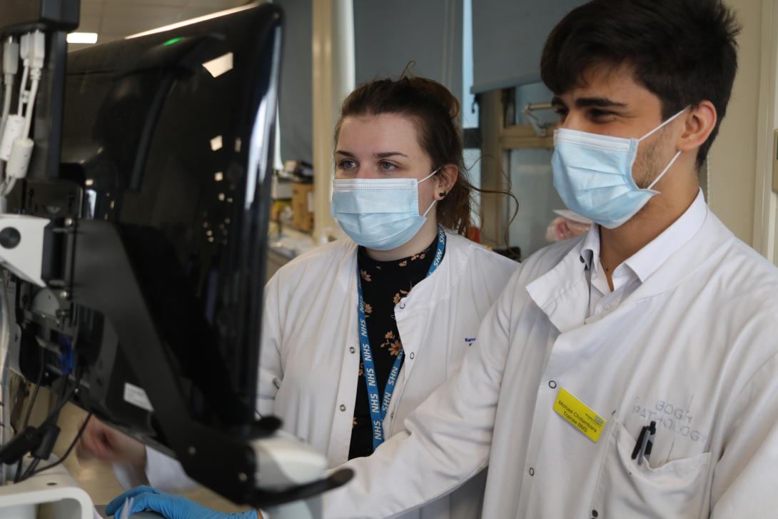 Two pathologists, a woman and a man, look at a display screen