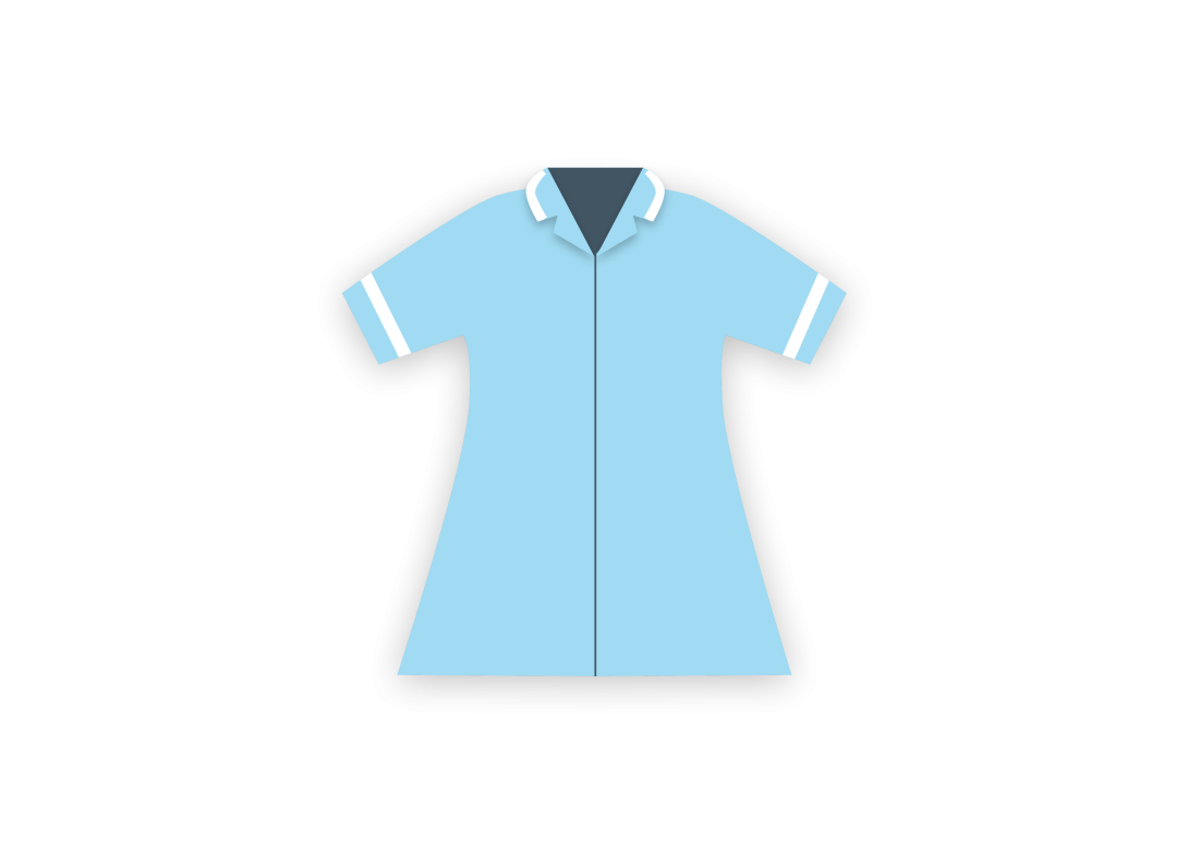 Healthcare Assistant and Nursing Auxiliary uniform, light blue and white