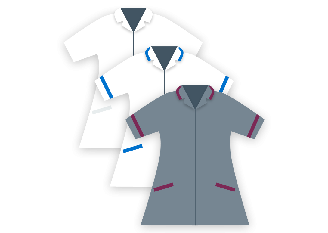 Student nurse and trainee nursing associates uniforms; white, white and blue, grey and pink